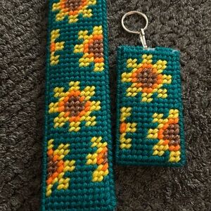 Hand Crafted Teal and Yellow Sunflower Keychain and Bookmark Set